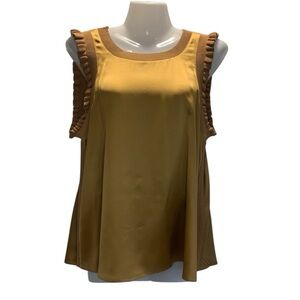 Cinq a Sept Woman S 100% Silk Gold Feminine Sleeveless Ruffled Tank top